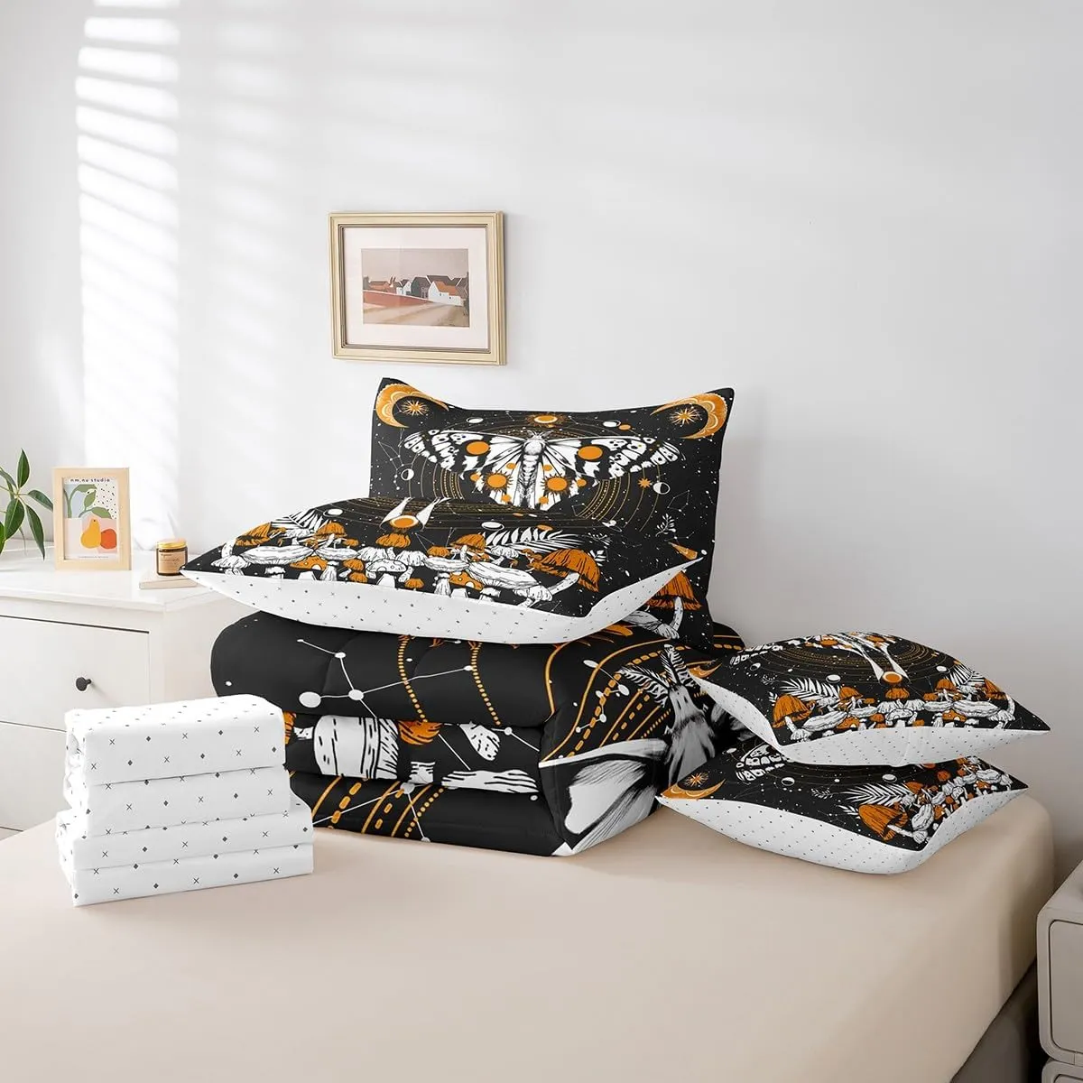 Erosebridal 7 Pcs Comforter Set King Size,Gothic Moth Bed in a Bag with Flat Sheet and Fitted Sheet for Kids and Adults,Fungus Bedding Set with Pillowcases and Cushion Cases