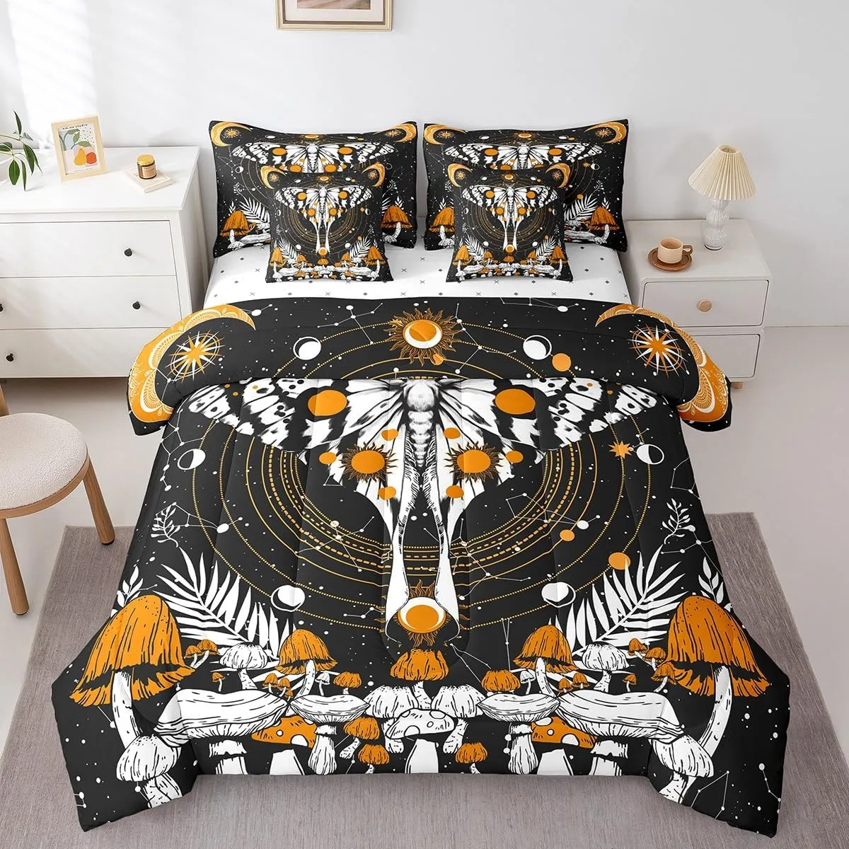 Erosebridal 7 Pcs Comforter Set King Size,Gothic Moth Bed in a Bag with Flat Sheet and Fitted Sheet for Kids and Adults,Fungus Bedding Set with Pillowcases and Cushion Cases