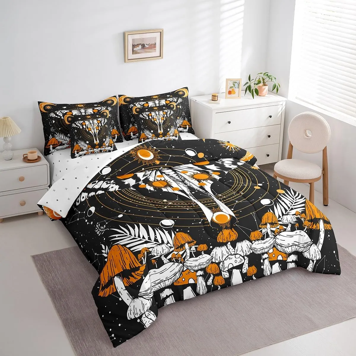 Erosebridal 7 Pcs Comforter Set King Size,Gothic Moth Bed in a Bag with Flat Sheet and Fitted Sheet for Kids and Adults,Fungus Bedding Set with Pillowcases and Cushion Cases