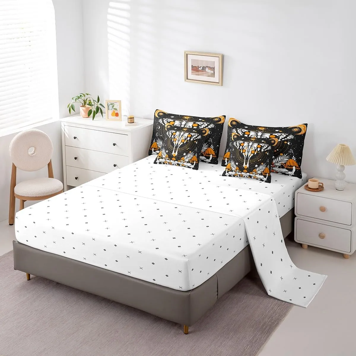 Erosebridal 7 Pcs Comforter Set King Size,Gothic Moth Bed in a Bag with Flat Sheet and Fitted Sheet for Kids and Adults,Fungus Bedding Set with Pillowcases and Cushion Cases