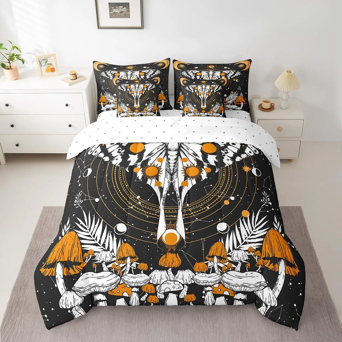 Erosebridal 7 Pcs Comforter Set King Size,Gothic Moth Bed in a Bag with Flat Sheet and Fitted Sheet for Kids and Adults,Fungus Bedding Set with Pillowcases and Cushion Cases
