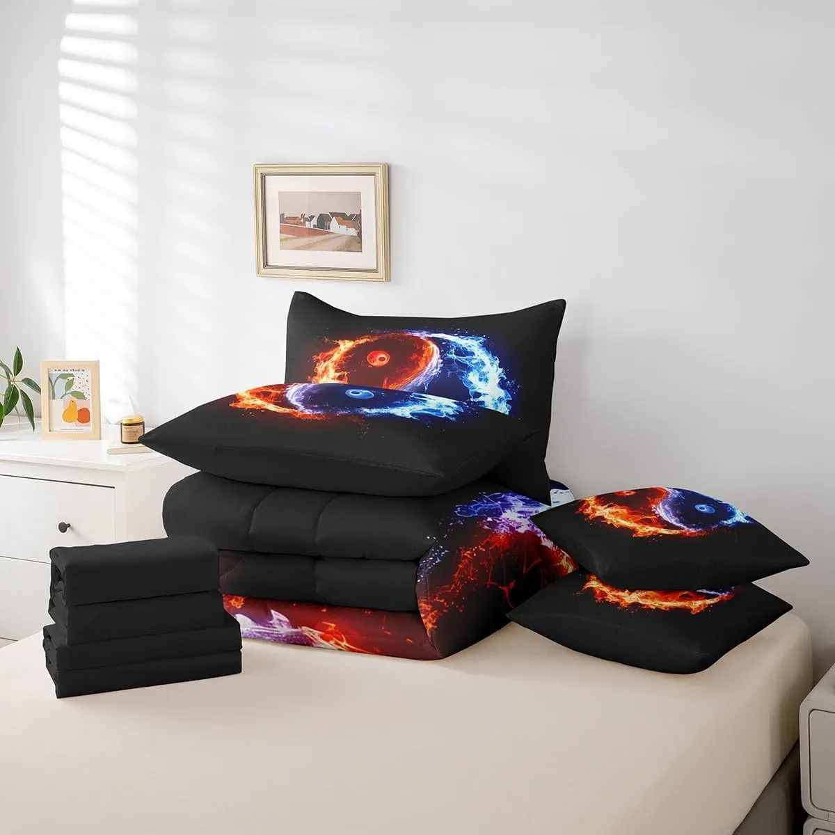 Erosebridal 7 Pcs Yin Yang Comforter Set Twin Ice and Fire Quilt with Flat Fitted Sheet Red Blue Gossip Bedding Sets Abstract Art Design Bed in A Bag