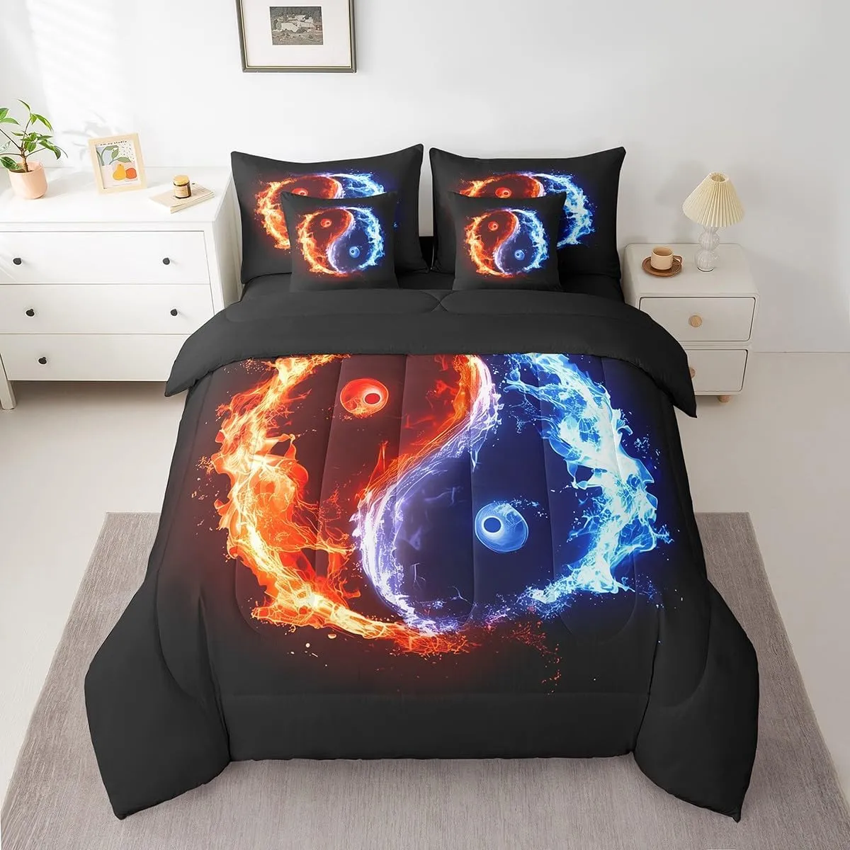Erosebridal 7 Pcs Yin Yang Comforter Set Twin Ice and Fire Quilt with Flat Fitted Sheet Red Blue Gossip Bedding Sets Abstract Art Design Bed in A Bag