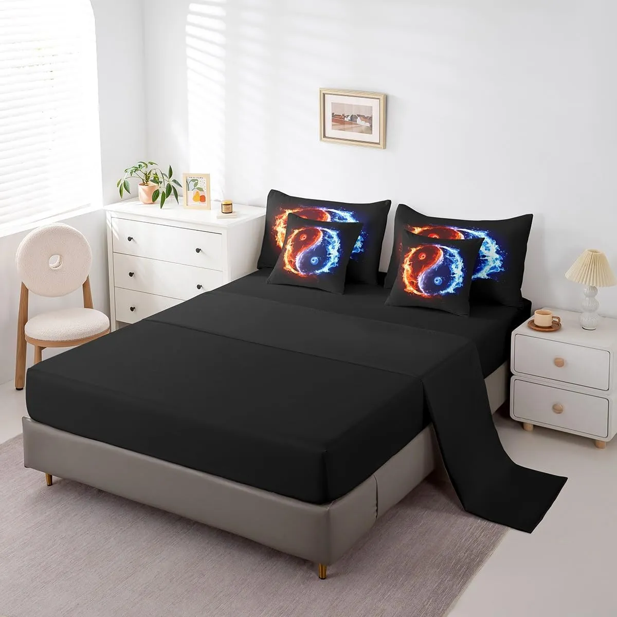 Erosebridal 7 Pcs Yin Yang Comforter Set Twin Ice and Fire Quilt with Flat Fitted Sheet Red Blue Gossip Bedding Sets Abstract Art Design Bed in A Bag