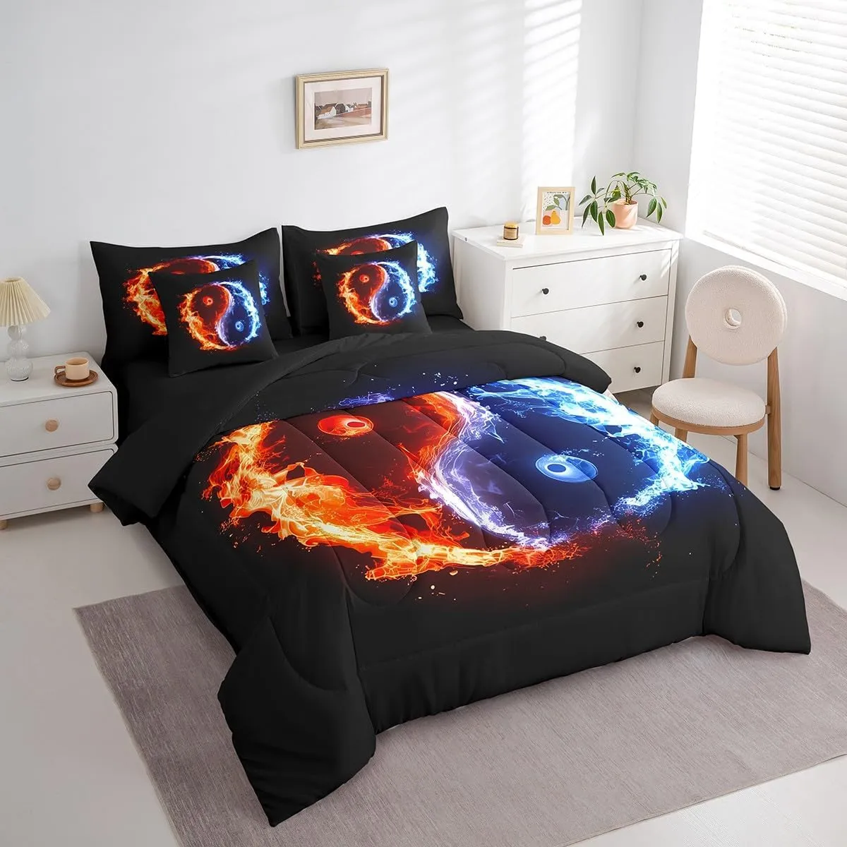 Erosebridal 7 Pcs Yin Yang Comforter Set Twin Ice and Fire Quilt with Flat Fitted Sheet Red Blue Gossip Bedding Sets Abstract Art Design Bed in A Bag