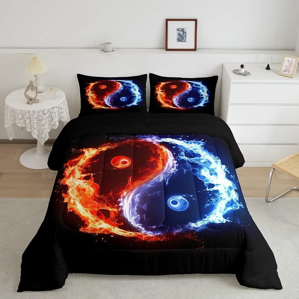Erosebridal 7 Pcs Yin Yang Comforter Set Twin Ice and Fire Quilt with Flat Fitted Sheet Red Blue Gossip Bedding Sets Abstract Art Design Bed in A Bag