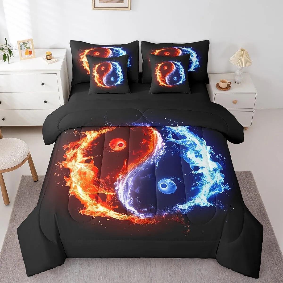 Erosebridal 7 Pcs Yin Yang Comforter Set Twin Ice and Fire Quilt with Flat Fitted Sheet Red Blue Gossip Bedding Sets Abstract Art Design Bed in A Bag