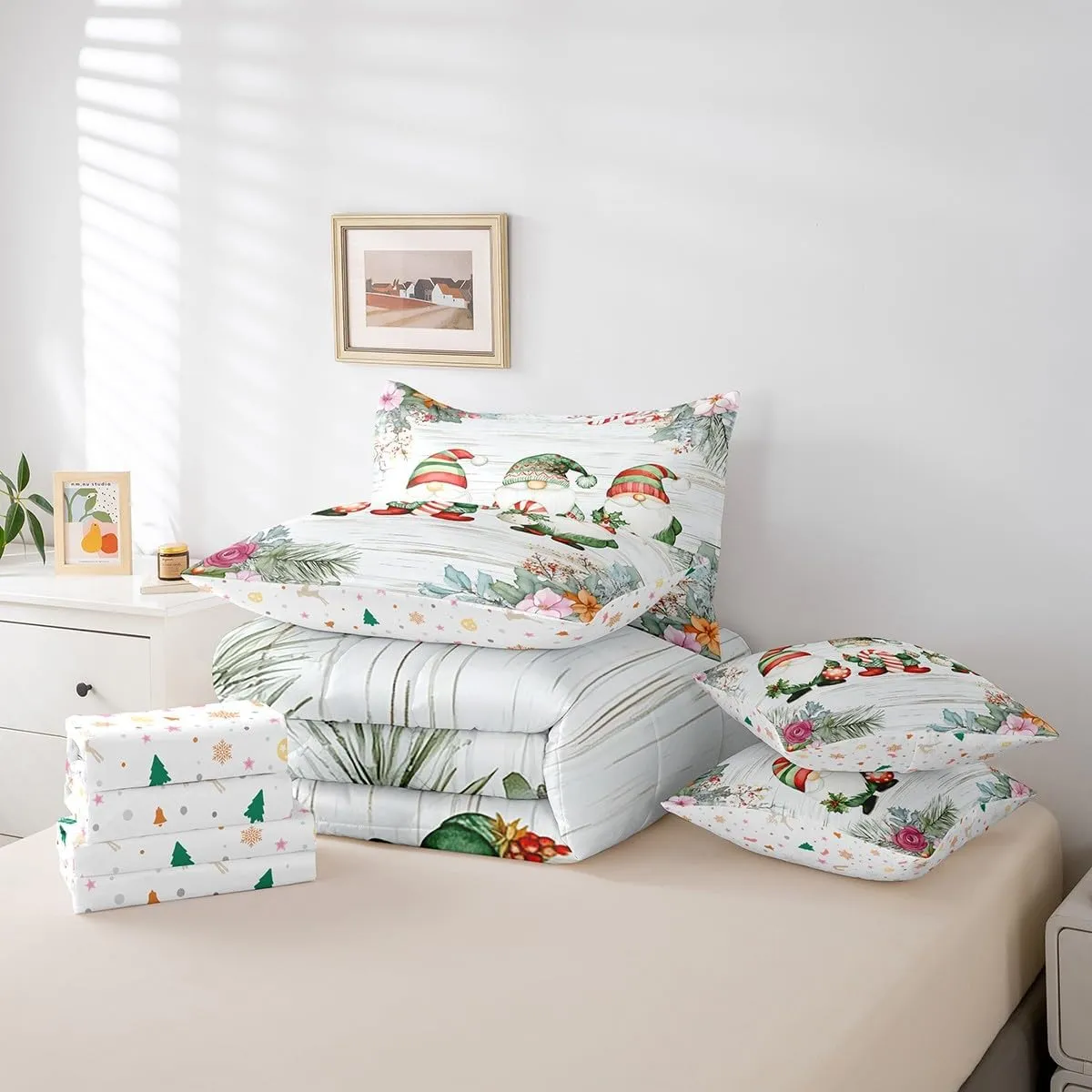 Erosebridal 7 Piece Kawaii Gnome Sheet Set with Comforter, Cartoon Dwarf Bedding Sets King Size for Kids Boys Girls, Rustic Farmhouse Sheet Set Wooden Planks Spring Flower Bed Set Bed in A Bag