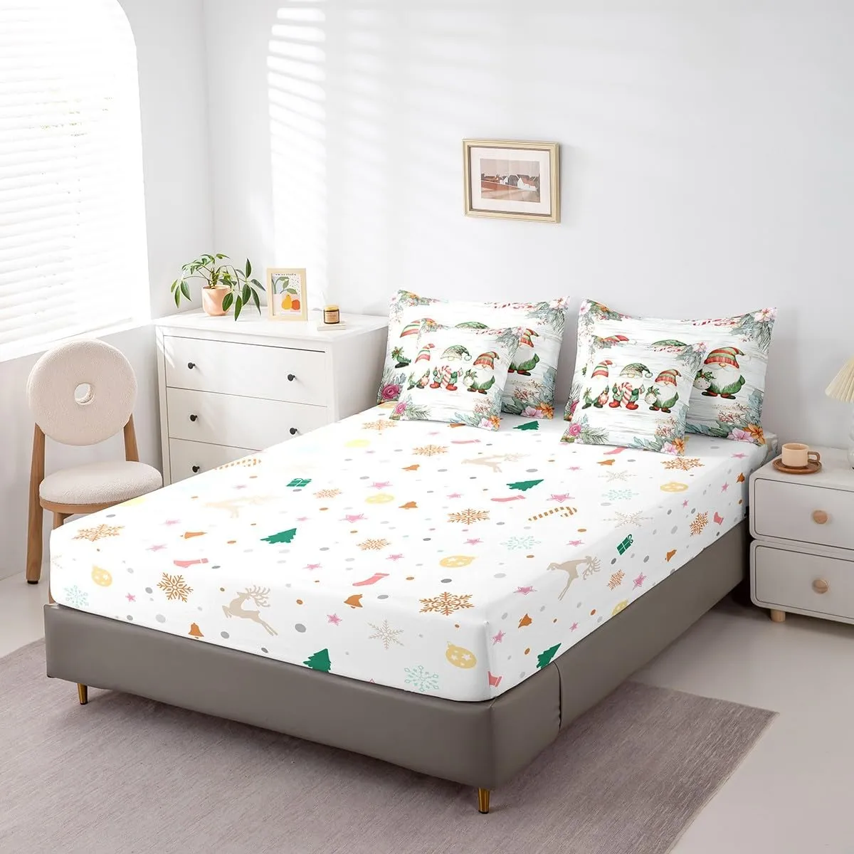 Erosebridal 7 Piece Kawaii Gnome Sheet Set with Comforter, Cartoon Dwarf Bedding Sets King Size for Kids Boys Girls, Rustic Farmhouse Sheet Set Wooden Planks Spring Flower Bed Set Bed in A Bag