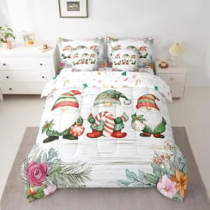 Erosebridal 7 Piece Kawaii Gnome Sheet Set with Comforter, Cartoon Dwarf Bedding Sets King Size for Kids Boys Girls, Rustic Farmhouse Sheet Set Wooden Planks Spring Flower Bed Set Bed in A Bag