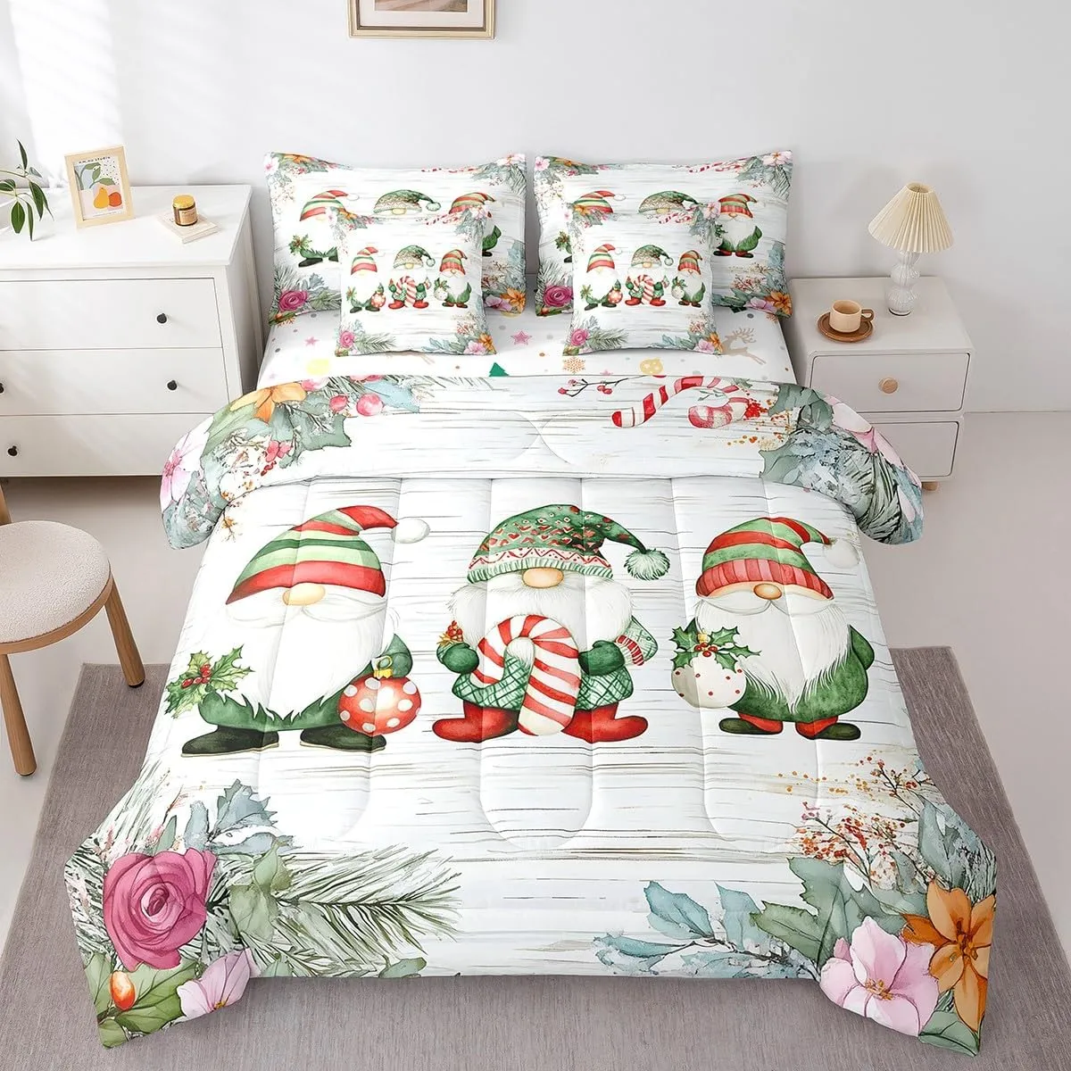 Erosebridal 7 Piece Kawaii Gnome Sheet Set with Comforter, Cartoon Dwarf Bedding Sets King Size for Kids Boys Girls, Rustic Farmhouse Sheet Set Wooden Planks Spring Flower Bed Set Bed in A Bag