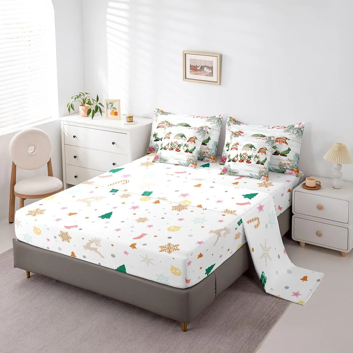 Erosebridal 7 Piece Kawaii Gnome Sheet Set with Comforter, Cartoon Dwarf Bedding Sets King Size for Kids Boys Girls, Rustic Farmhouse Sheet Set Wooden Planks Spring Flower Bed Set Bed in A Bag