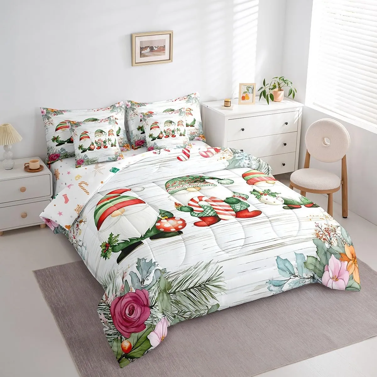 Erosebridal 7 Piece Kawaii Gnome Sheet Set with Comforter, Cartoon Dwarf Bedding Sets King Size for Kids Boys Girls, Rustic Farmhouse Sheet Set Wooden Planks Spring Flower Bed Set Bed in A Bag