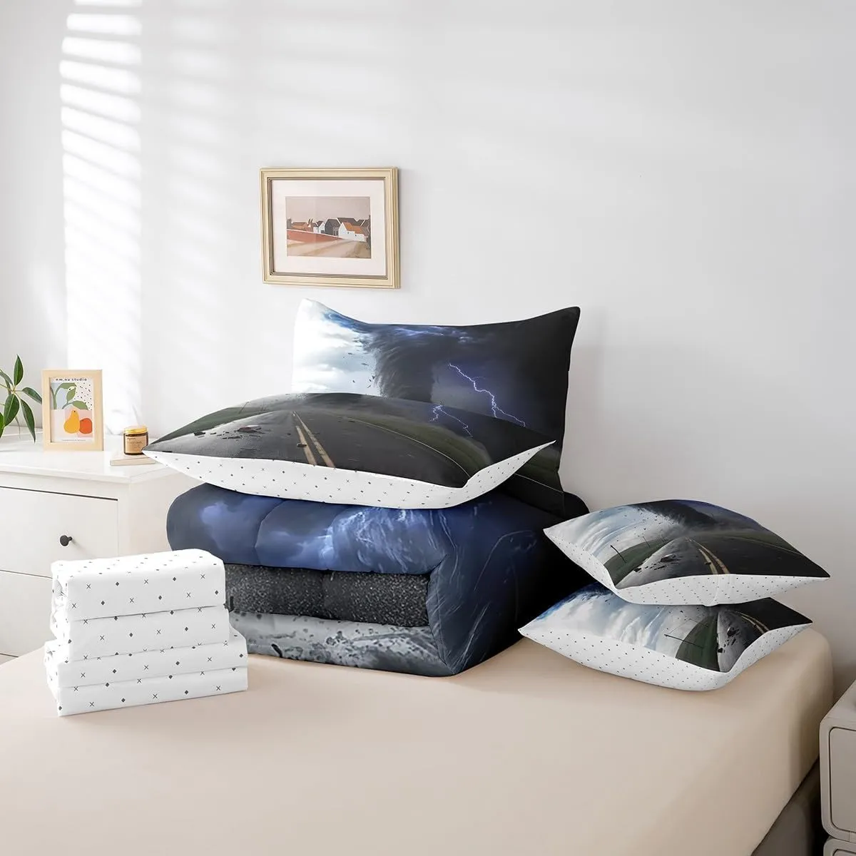 Erosebridal 7 Piece Nature Bed in a Bag Twin Highway Pattern Sheet Set Tornado Lightning Pattern Bedding Set with Comforter Disaster Theme Cushion Covers for Adult Boys Teen