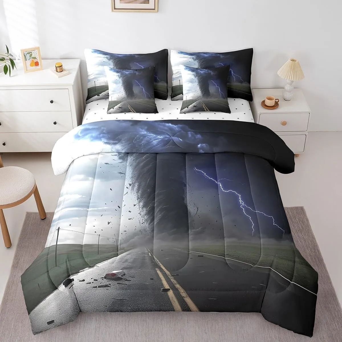 Erosebridal 7 Piece Nature Bed in a Bag Twin Highway Pattern Sheet Set Tornado Lightning Pattern Bedding Set with Comforter Disaster Theme Cushion Covers for Adult Boys Teen