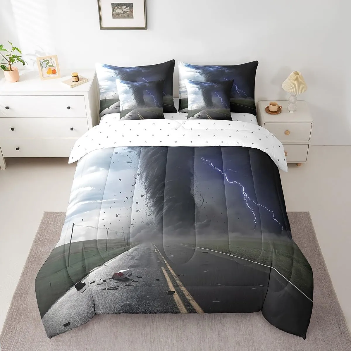 Erosebridal 7 Piece Nature Bed in a Bag Twin Highway Pattern Sheet Set Tornado Lightning Pattern Bedding Set with Comforter Disaster Theme Cushion Covers for Adult Boys Teen