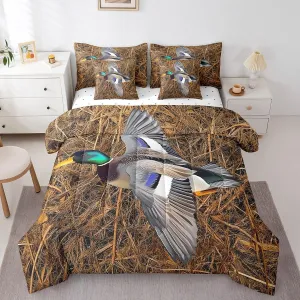 Erosebridal 7Pcs Mallard Duck Bedding Sets King Size Rustic Farmhouse Comforter Set for Woman Man Woodland Tree Branches Leaves Bed in A Bag Vintage Jungle Cabin Decor Quilt with Flat Fitted Sheet