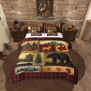 Erosebridal Bear Cabin Plaid 7 Piece Comforter Set Full,Rustic Farmhouse Bed in a Bag,Retro Hunting Deer Bedding,Country Woodland Pine Tree Quilt Set,Maple Leaf Lodge Fitted Sheet,Red Black Brown