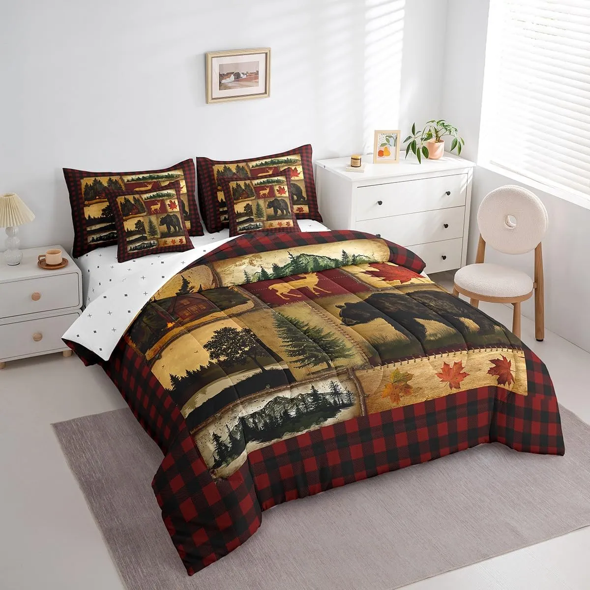 Erosebridal Bear Cabin Plaid 7 Piece Comforter Set Full,Rustic Farmhouse Bed in a Bag,Retro Hunting Deer Bedding,Country Woodland Pine Tree Quilt Set,Maple Leaf Lodge Fitted Sheet,Red Black Brown