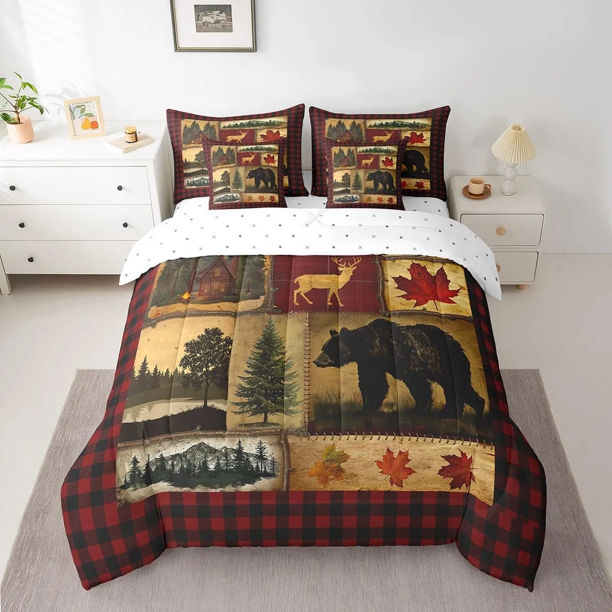 Erosebridal Bear Cabin Plaid 7 Piece Comforter Set Full,Rustic Farmhouse Bed in a Bag,Retro Hunting Deer Bedding,Country Woodland Pine Tree Quilt Set,Maple Leaf Lodge Fitted Sheet,Red Black Brown