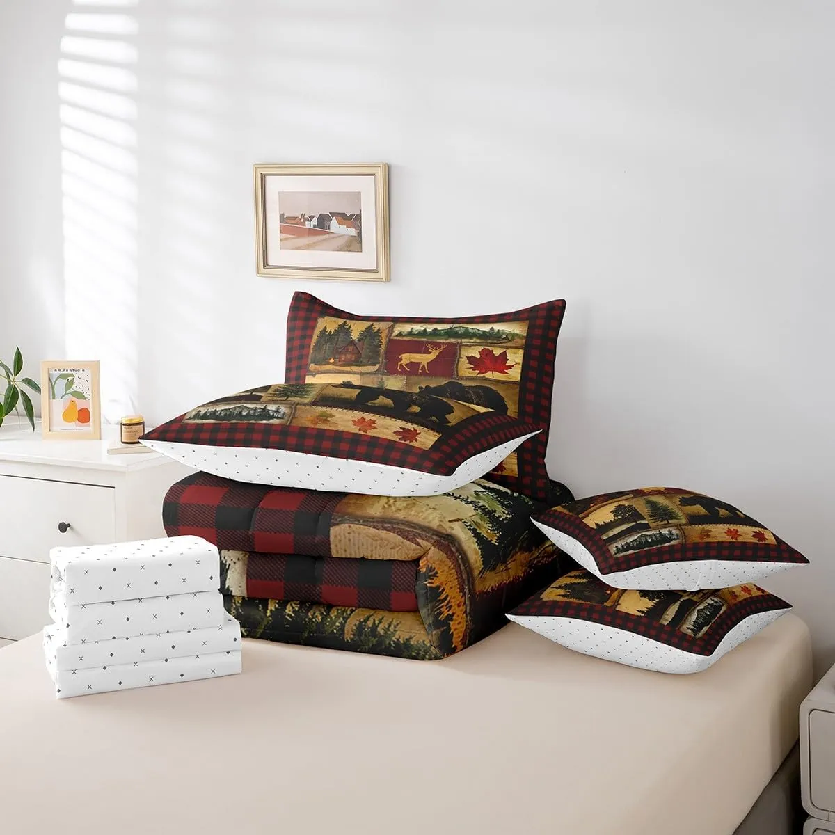 Erosebridal Bear Cabin Plaid 7 Piece Comforter Set Full,Rustic Farmhouse Bed in a Bag,Retro Hunting Deer Bedding,Country Woodland Pine Tree Quilt Set,Maple Leaf Lodge Fitted Sheet,Red Black Brown