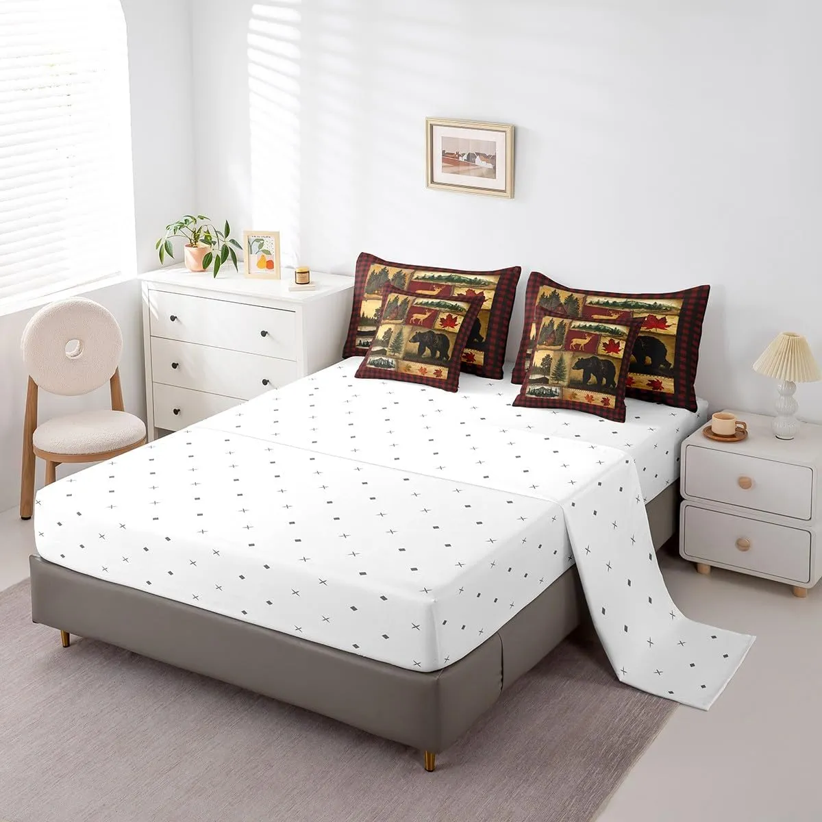 Erosebridal Bear Cabin Plaid 7 Piece Comforter Set Full,Rustic Farmhouse Bed in a Bag,Retro Hunting Deer Bedding,Country Woodland Pine Tree Quilt Set,Maple Leaf Lodge Fitted Sheet,Red Black Brown
