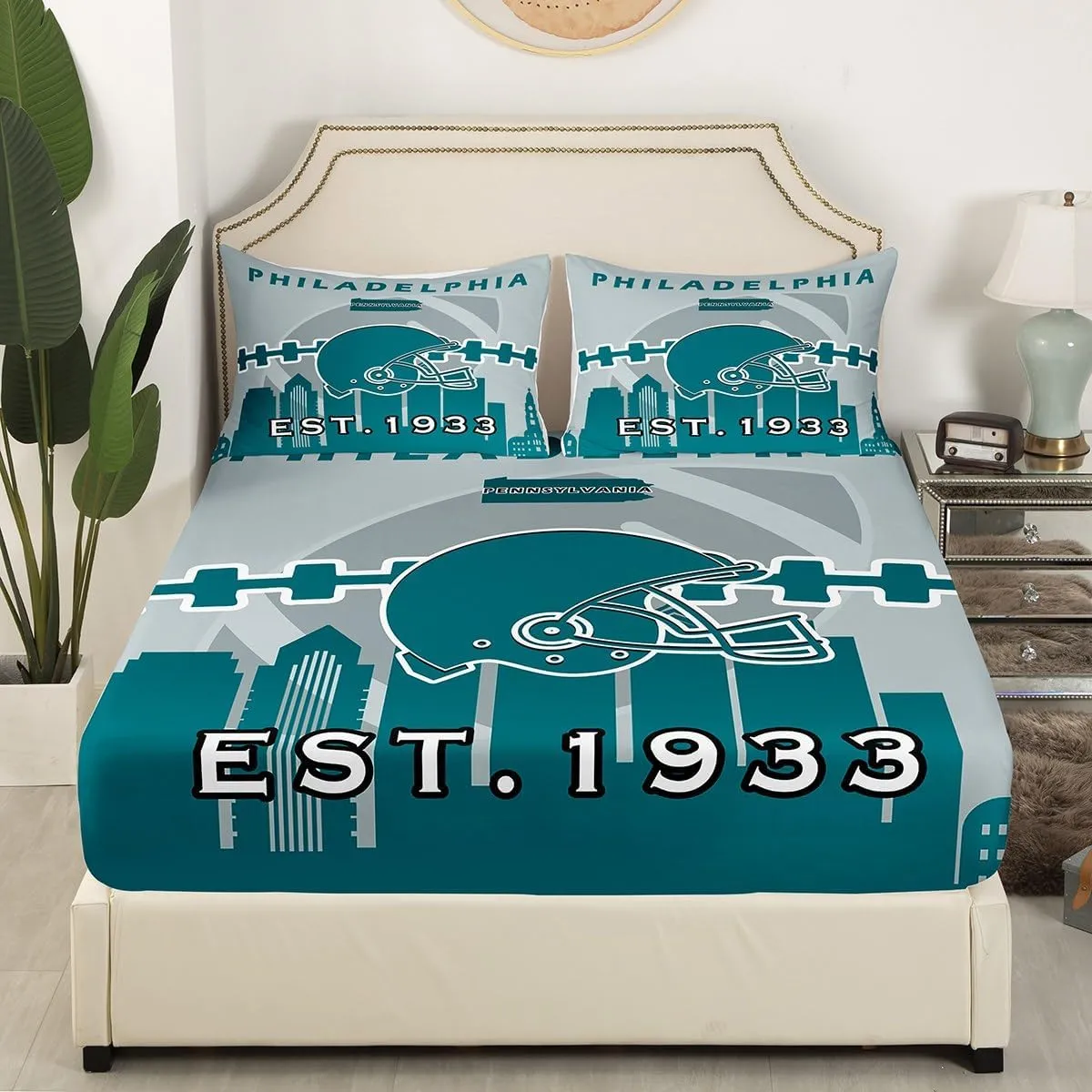 Erosebridal Football Fitted Sheet Full,Sports Fans Bed Sheets for Kids Boys Girls,Football Team Bed Cover,Rugby Fans Bedding Set with 2 Pillowcases(Philadelphia)