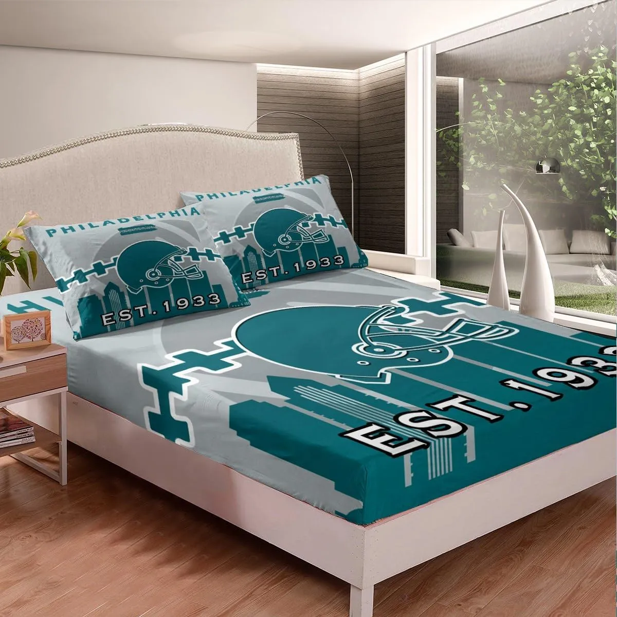 Erosebridal Football Fitted Sheet Full,Sports Fans Bed Sheets for Kids Boys Girls,Football Team Bed Cover,Rugby Fans Bedding Set with 2 Pillowcases(Philadelphia)