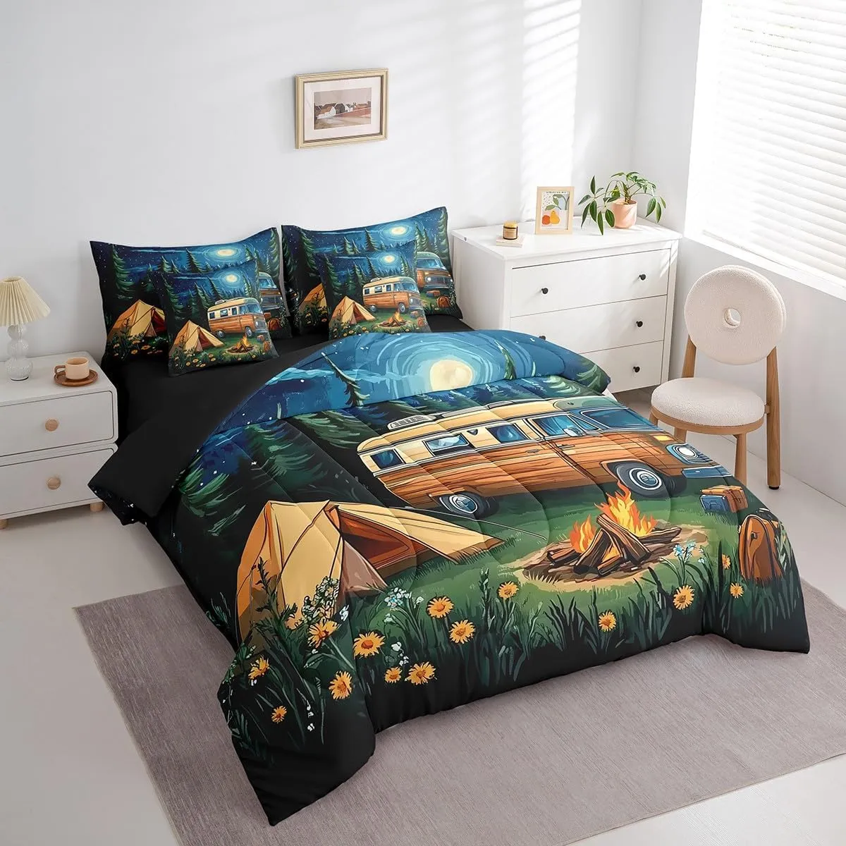 Erosebridal Happy Camping Kids Queen Comforter Set Galaxy Starry Sky Bed in A Bag,Camping Camper Rv Accessories Bedding Set 7 Pcs Travel Car Trees Flowers Bed Set for Teen Boys Girls