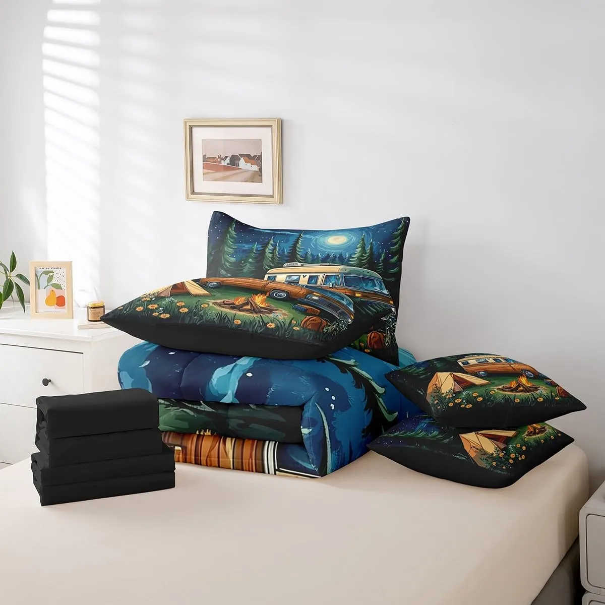 Erosebridal Happy Camping Kids Queen Comforter Set Galaxy Starry Sky Bed in A Bag,Camping Camper Rv Accessories Bedding Set 7 Pcs Travel Car Trees Flowers Bed Set for Teen Boys Girls