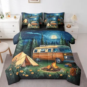Erosebridal Happy Camping Kids Queen Comforter Set Galaxy Starry Sky Bed in A Bag,Camping Camper Rv Accessories Bedding Set 7 Pcs Travel Car Trees Flowers Bed Set for Teen Boys Girls