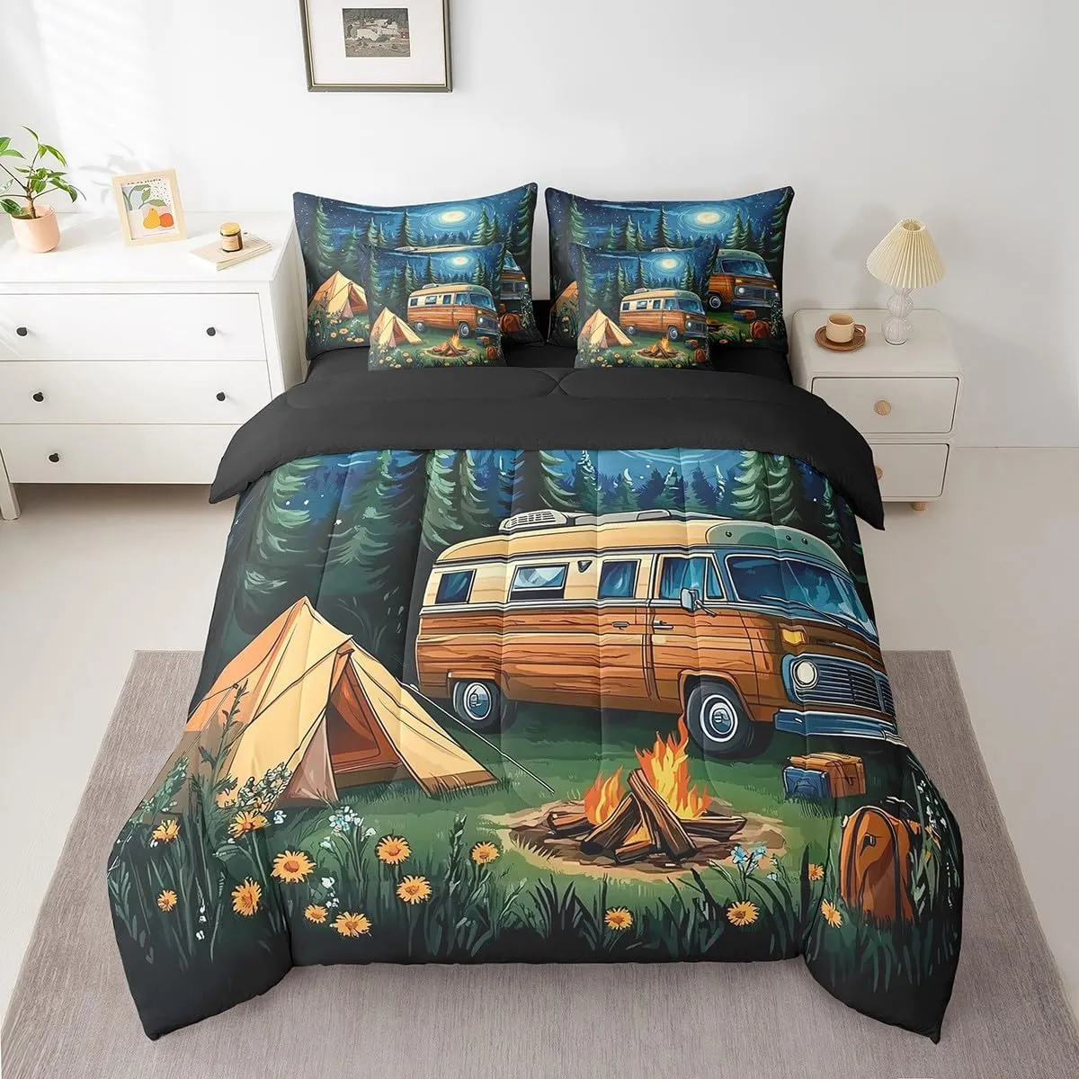 Erosebridal Happy Camping Kids Queen Comforter Set Galaxy Starry Sky Bed in A Bag,Camping Camper Rv Accessories Bedding Set 7 Pcs Travel Car Trees Flowers Bed Set for Teen Boys Girls