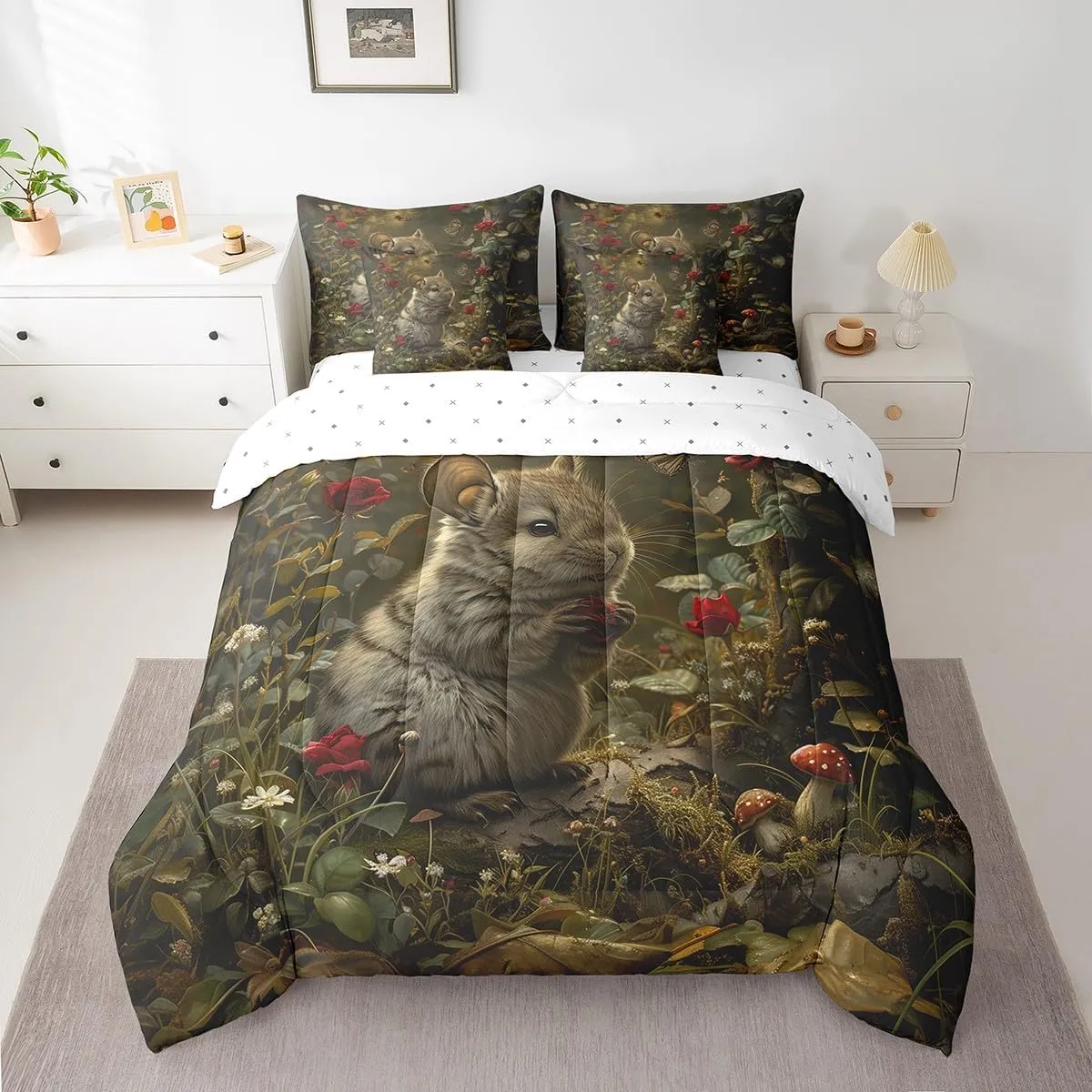 Erosebridal Kids Chinchilla Comforter Set Queen 7 Piece,Animal Print Chinchilla Bedding Set for Pet Lovers,Butterfly Flowers Bed in a Bag with Fitted Sheet,Flat Sheet,Pillowcases & Shams