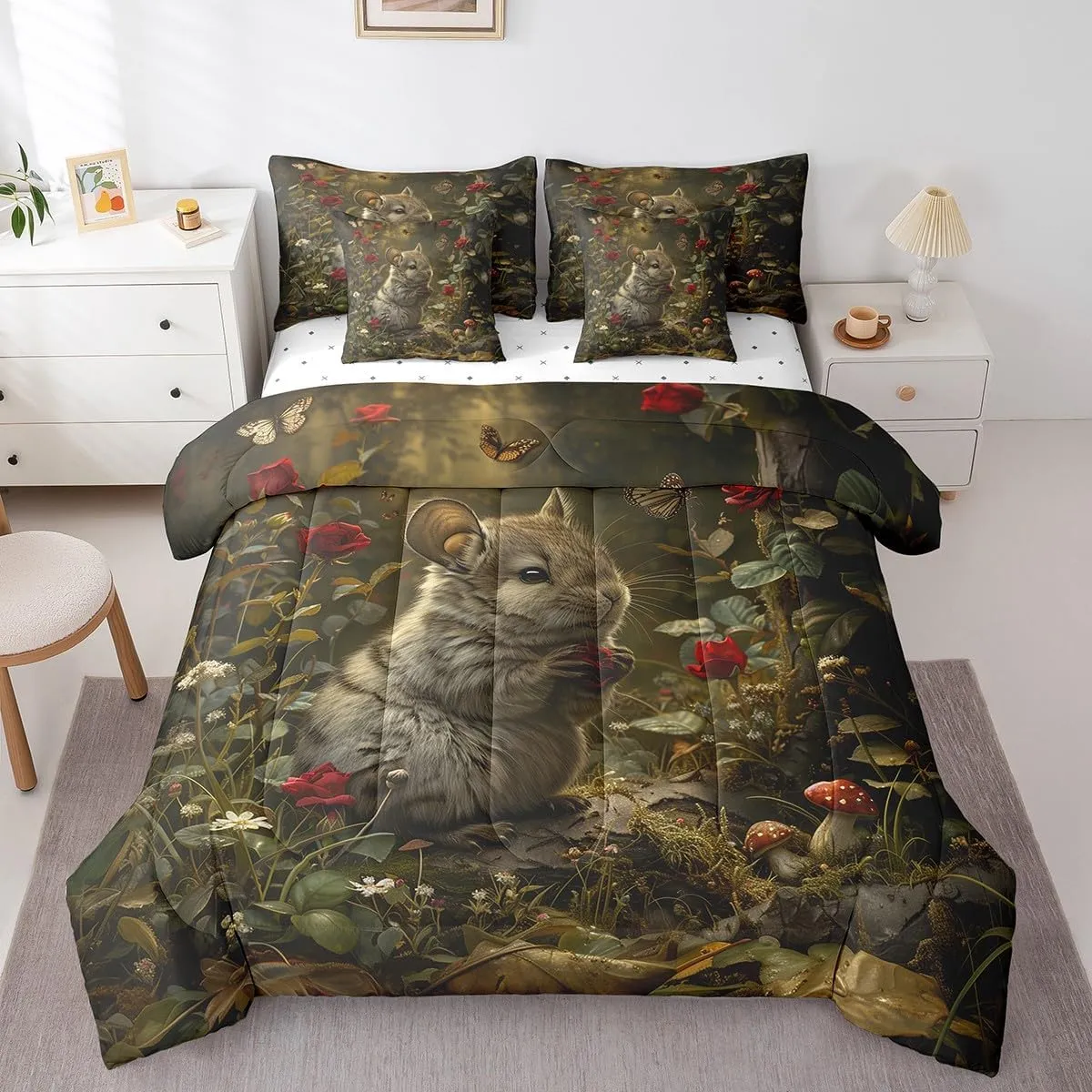 Erosebridal Kids Chinchilla Comforter Set Queen 7 Piece,Animal Print Chinchilla Bedding Set for Pet Lovers,Butterfly Flowers Bed in a Bag with Fitted Sheet,Flat Sheet,Pillowcases & Shams