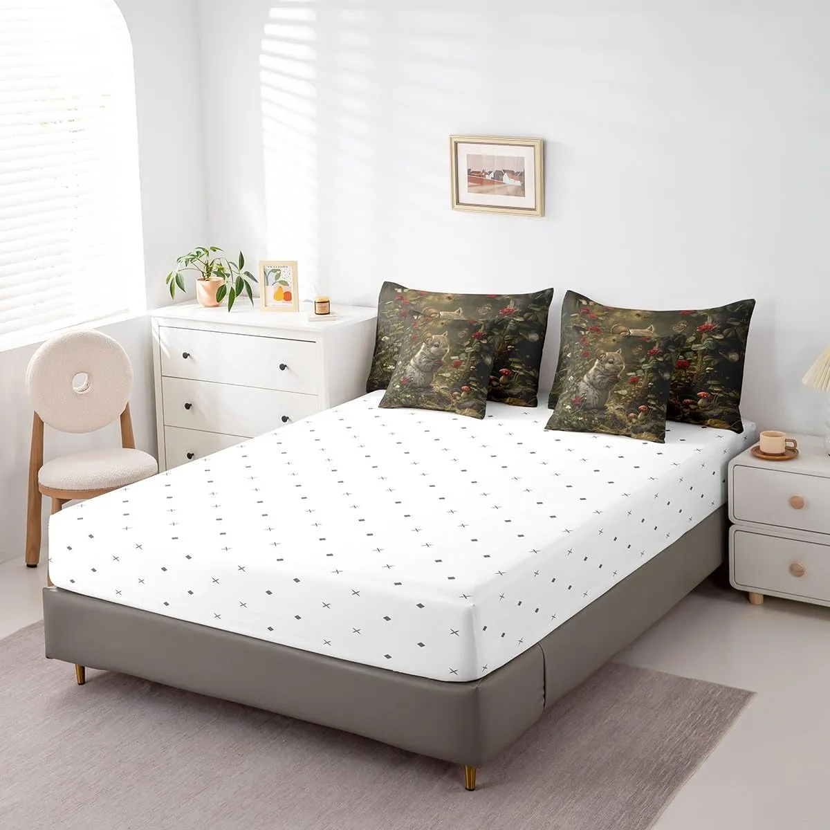 Erosebridal Kids Chinchilla Comforter Set Queen 7 Piece,Animal Print Chinchilla Bedding Set for Pet Lovers,Butterfly Flowers Bed in a Bag with Fitted Sheet,Flat Sheet,Pillowcases & Shams