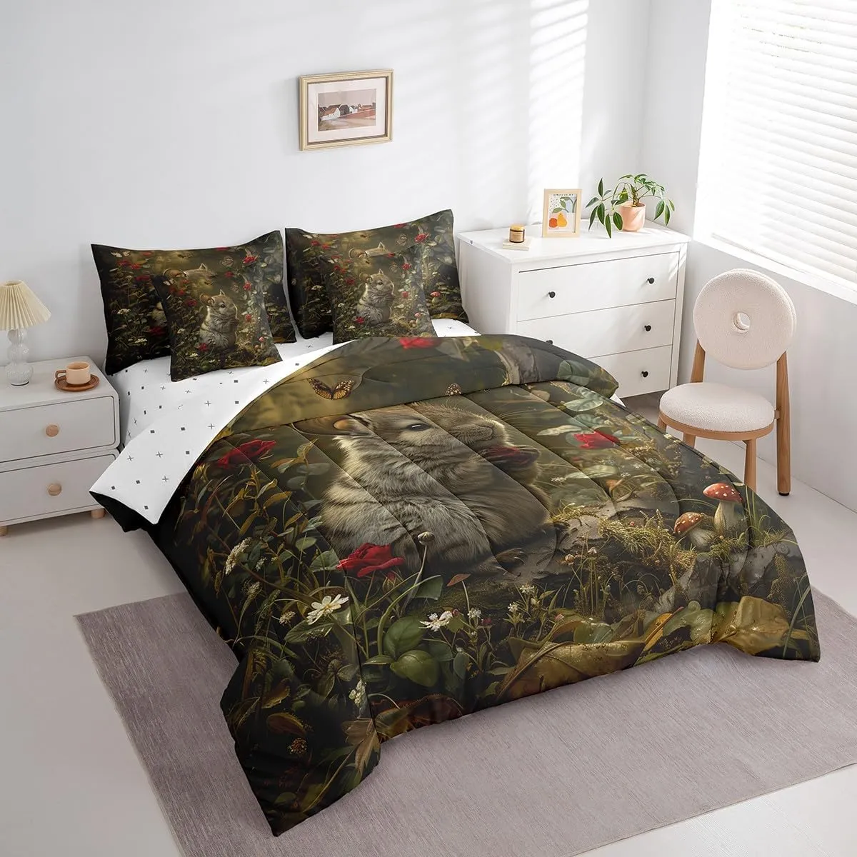 Erosebridal Kids Chinchilla Comforter Set Queen 7 Piece,Animal Print Chinchilla Bedding Set for Pet Lovers,Butterfly Flowers Bed in a Bag with Fitted Sheet,Flat Sheet,Pillowcases & Shams