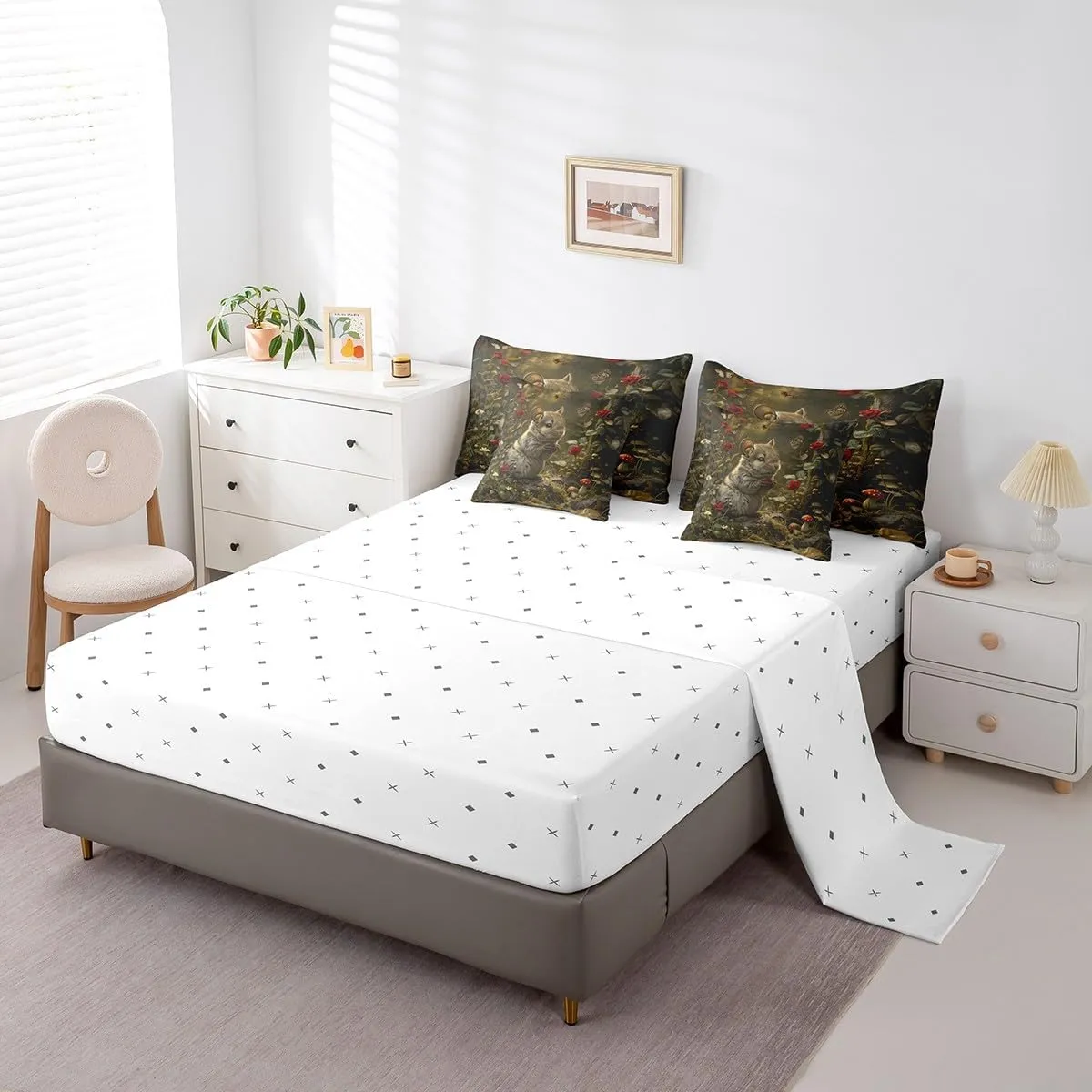 Erosebridal Kids Chinchilla Comforter Set Queen 7 Piece,Animal Print Chinchilla Bedding Set for Pet Lovers,Butterfly Flowers Bed in a Bag with Fitted Sheet,Flat Sheet,Pillowcases & Shams