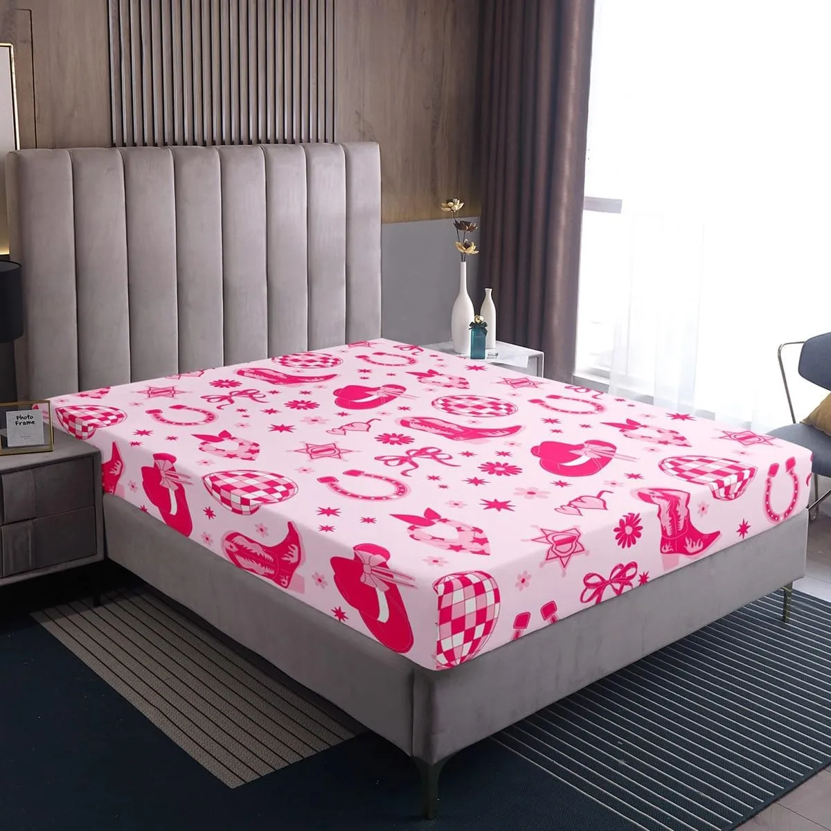 Erosebridal Kids Western Bow Top Fitted Sheet, Cute Bowknot Bed Sheets King Size for Girls Boys Teens Adult Women, Western Boots Sheet Set Pink Dreamy Princess Bedding, Pink, Machine Washable