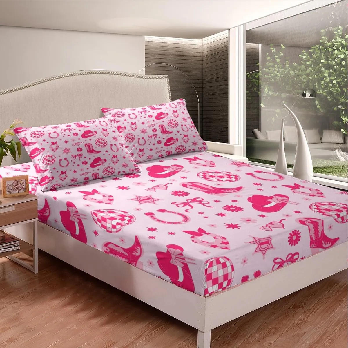 Erosebridal Kids Western Bow Top Fitted Sheet, Cute Bowknot Bed Sheets King Size for Girls Boys Teens Adult Women, Western Boots Sheet Set Pink Dreamy Princess Bedding, Pink, Machine Washable