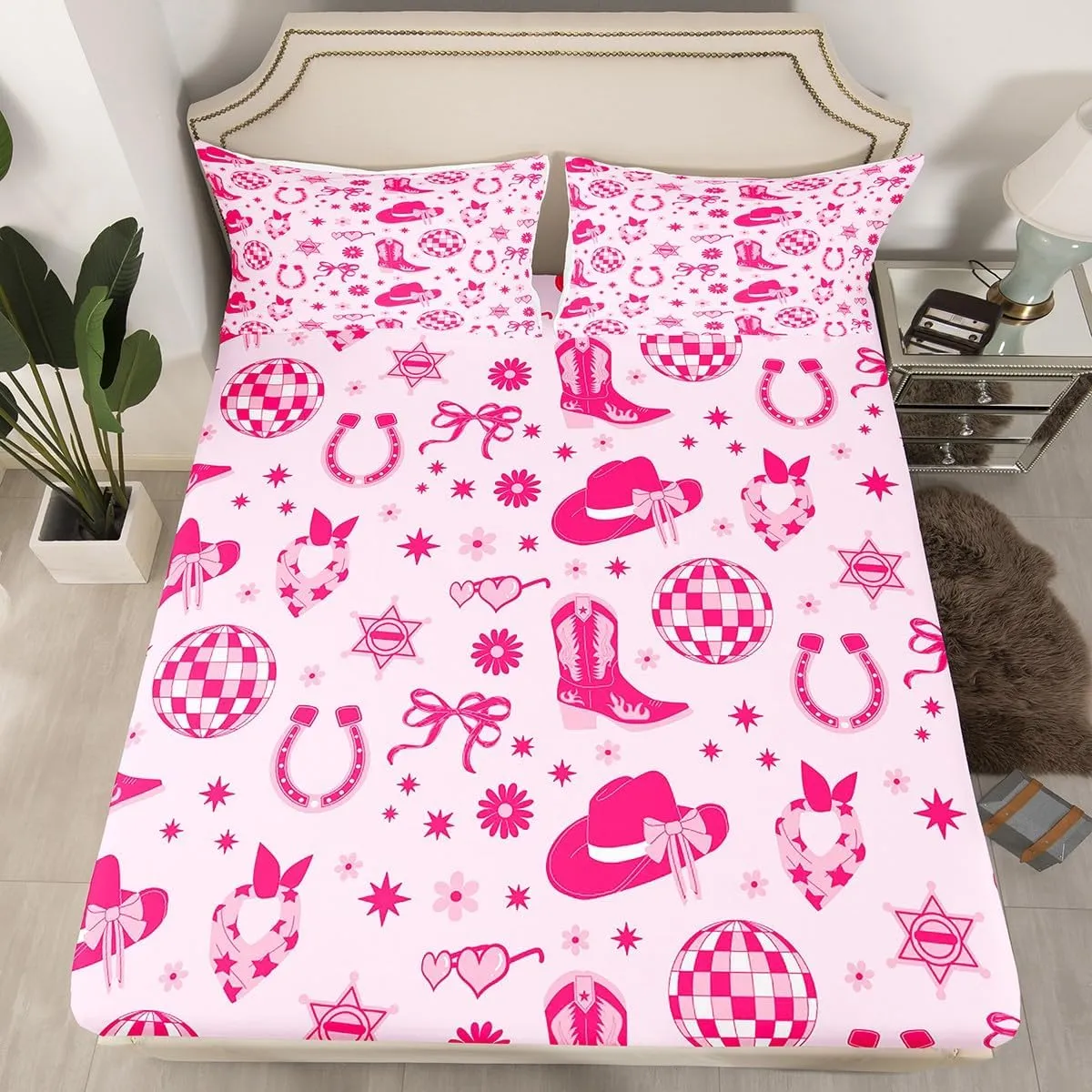 Erosebridal Kids Western Bow Top Fitted Sheet, Cute Bowknot Bed Sheets King Size for Girls Boys Teens Adult Women, Western Boots Sheet Set Pink Dreamy Princess Bedding, Pink, Machine Washable