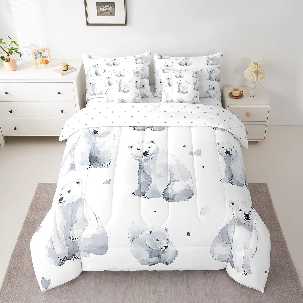 Erosebridal Polar Bear 7 Piece Comforter Set,Arctic Animal Microfiber Comforter Bedding,King,Cartoon Polar Bear Reversible Bed Sets,Love Heart Bedding Comforters