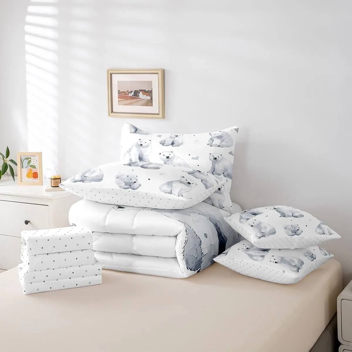 Erosebridal Polar Bear 7 Piece Comforter Set,Arctic Animal Microfiber Comforter Bedding,King,Cartoon Polar Bear Reversible Bed Sets,Love Heart Bedding Comforters