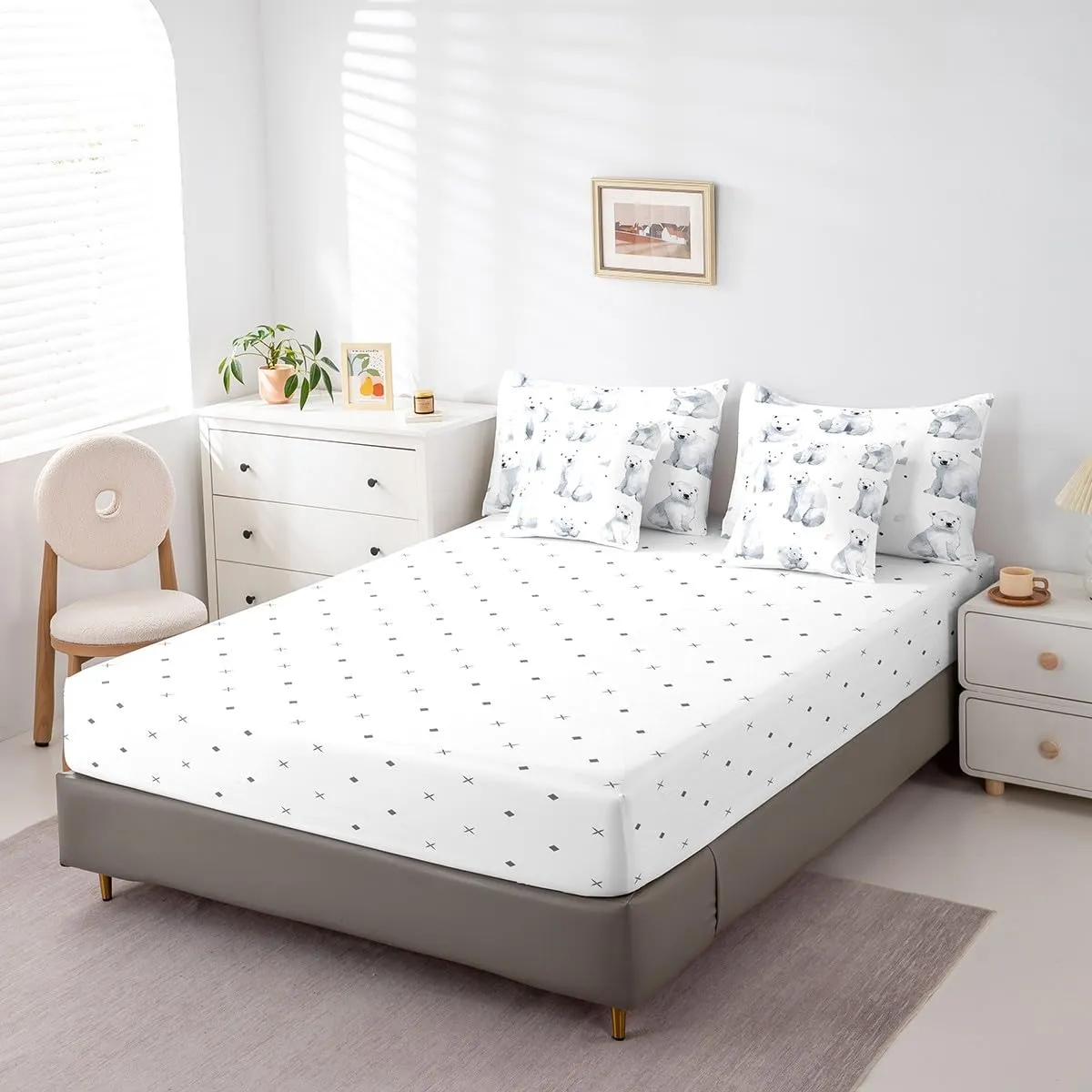 Erosebridal Polar Bear 7 Piece Comforter Set,Arctic Animal Microfiber Comforter Bedding,King,Cartoon Polar Bear Reversible Bed Sets,Love Heart Bedding Comforters