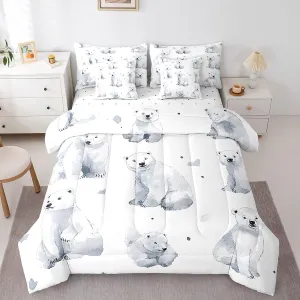 Erosebridal Polar Bear 7 Piece Comforter Set,Arctic Animal Microfiber Comforter Bedding,King,Cartoon Polar Bear Reversible Bed Sets,Love Heart Bedding Comforters