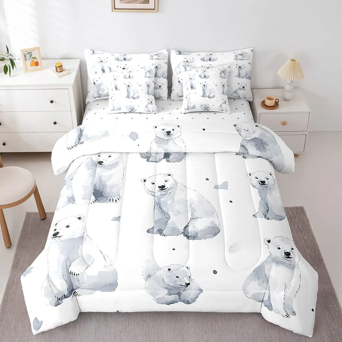 Erosebridal Polar Bear 7 Piece Comforter Set,Arctic Animal Microfiber Comforter Bedding,King,Cartoon Polar Bear Reversible Bed Sets,Love Heart Bedding Comforters