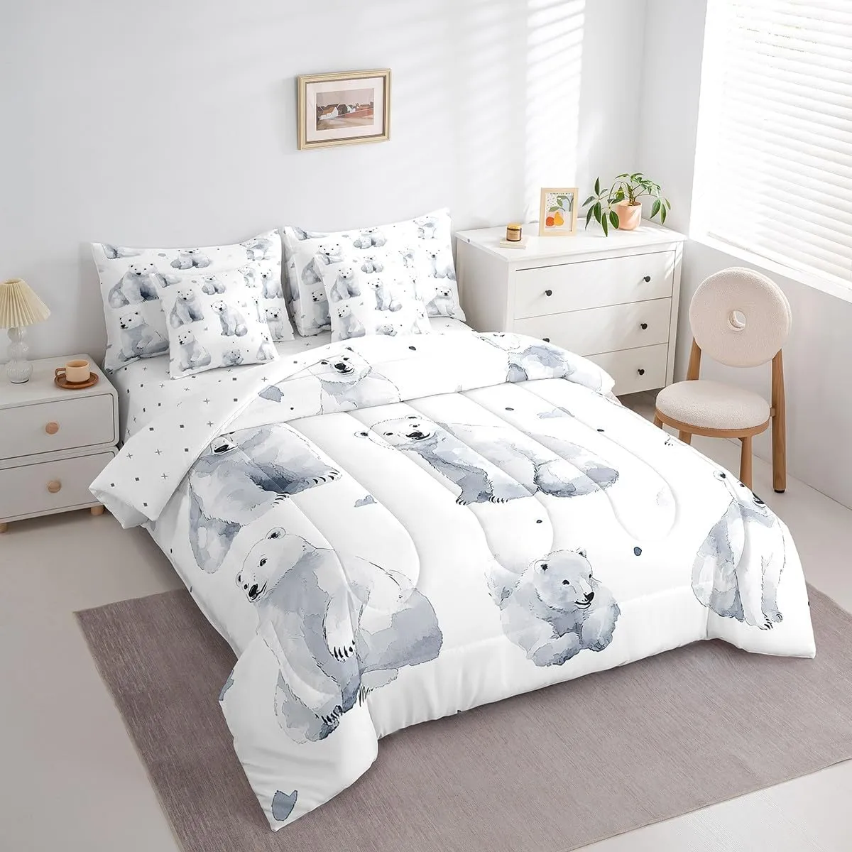 Erosebridal Polar Bear 7 Piece Comforter Set,Arctic Animal Microfiber Comforter Bedding,King,Cartoon Polar Bear Reversible Bed Sets,Love Heart Bedding Comforters