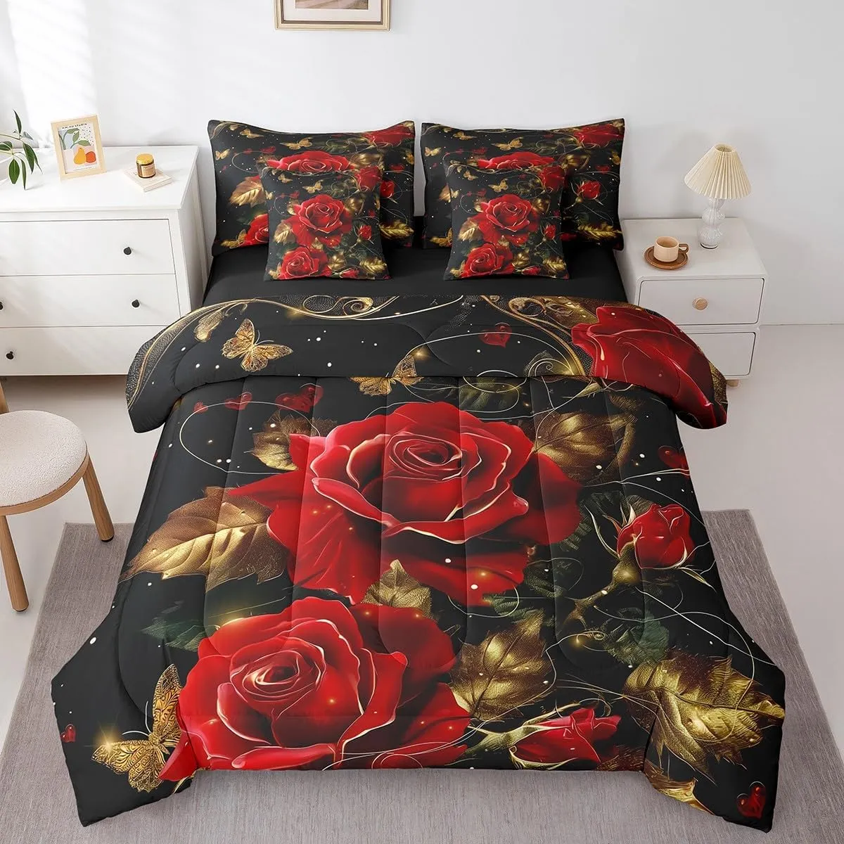 Erosebridal Red Rose Bedding Set,Romantic Rose Flowers Bed in A Bag Happy Valentine's Day Queen Comforter Set 7 Piece Golden Butterfly Botanical Leaves Bed Set for Teen Adults Men Women