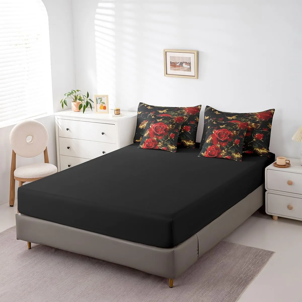 Erosebridal Red Rose Bedding Set,Romantic Rose Flowers Bed in A Bag Happy Valentine's Day Queen Comforter Set 7 Piece Golden Butterfly Botanical Leaves Bed Set for Teen Adults Men Women