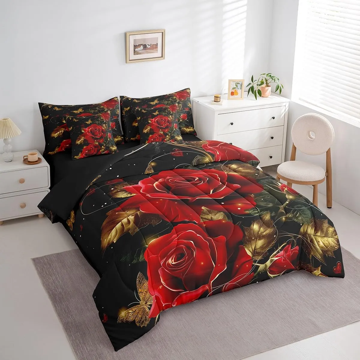 Erosebridal Red Rose Bedding Set,Romantic Rose Flowers Bed in A Bag Happy Valentine's Day Queen Comforter Set 7 Piece Golden Butterfly Botanical Leaves Bed Set for Teen Adults Men Women