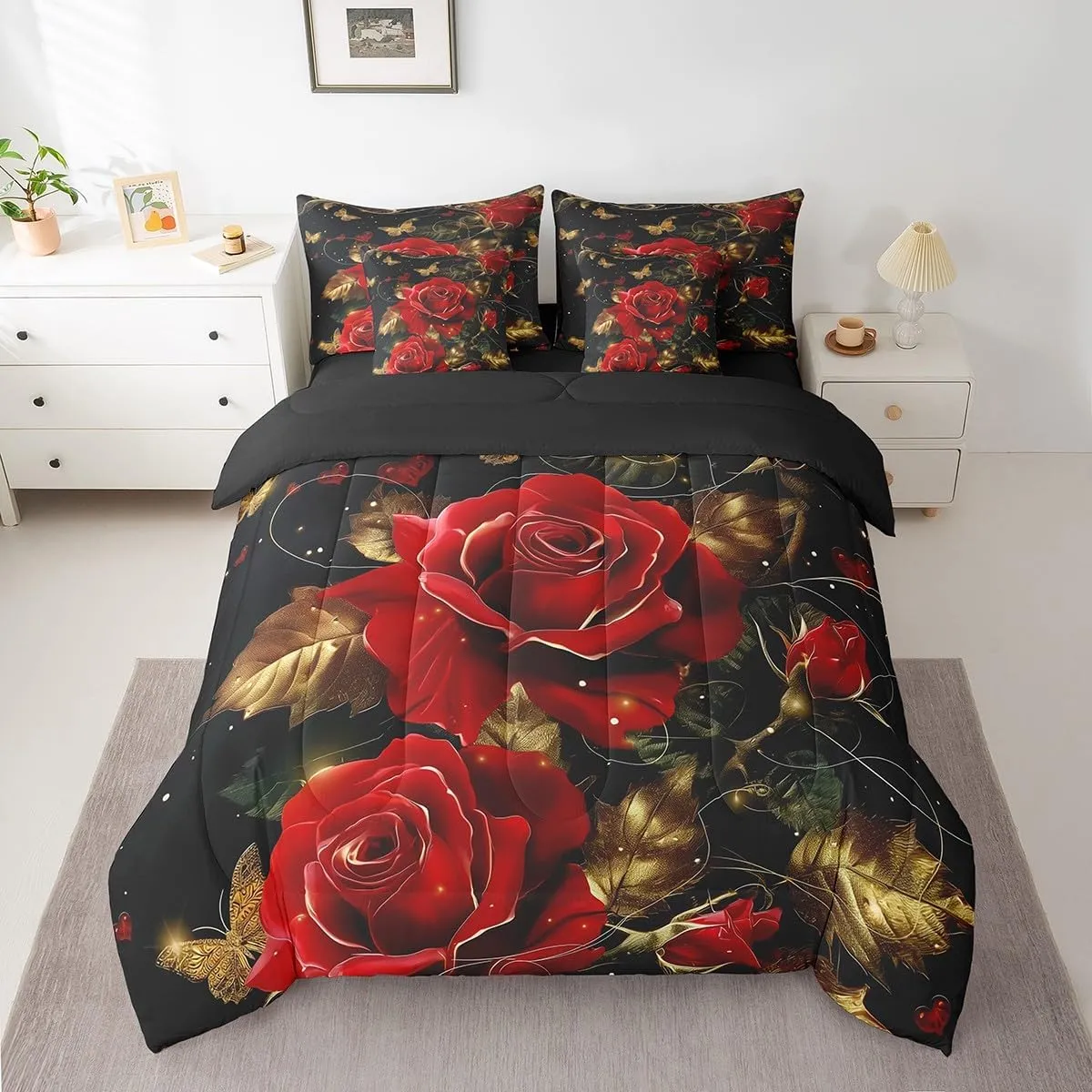 Erosebridal Red Rose Bedding Set,Romantic Rose Flowers Bed in A Bag Happy Valentine's Day Queen Comforter Set 7 Piece Golden Butterfly Botanical Leaves Bed Set for Teen Adults Men Women